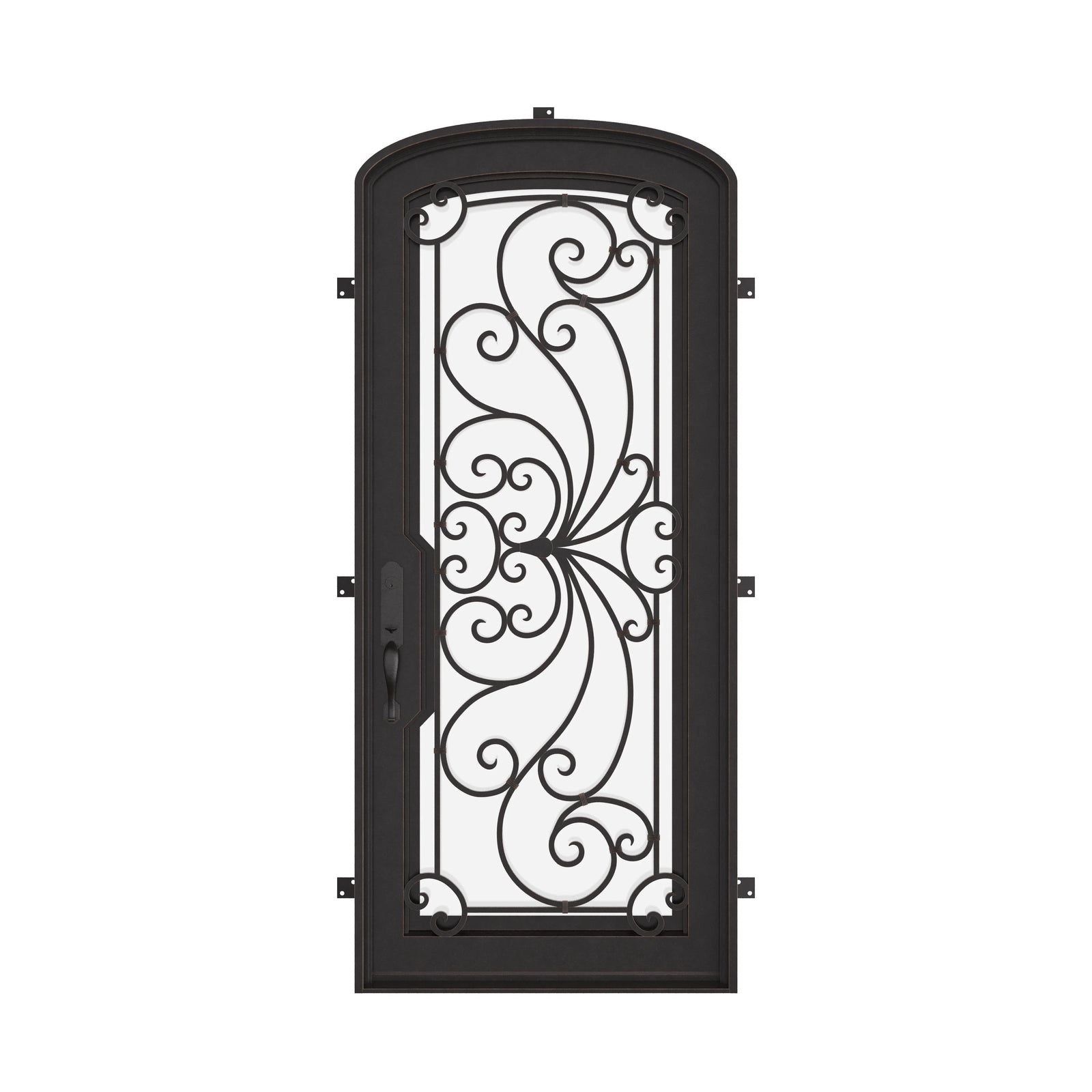 Miracle black metal mini arch top single door with double-pane energy efficient glass.