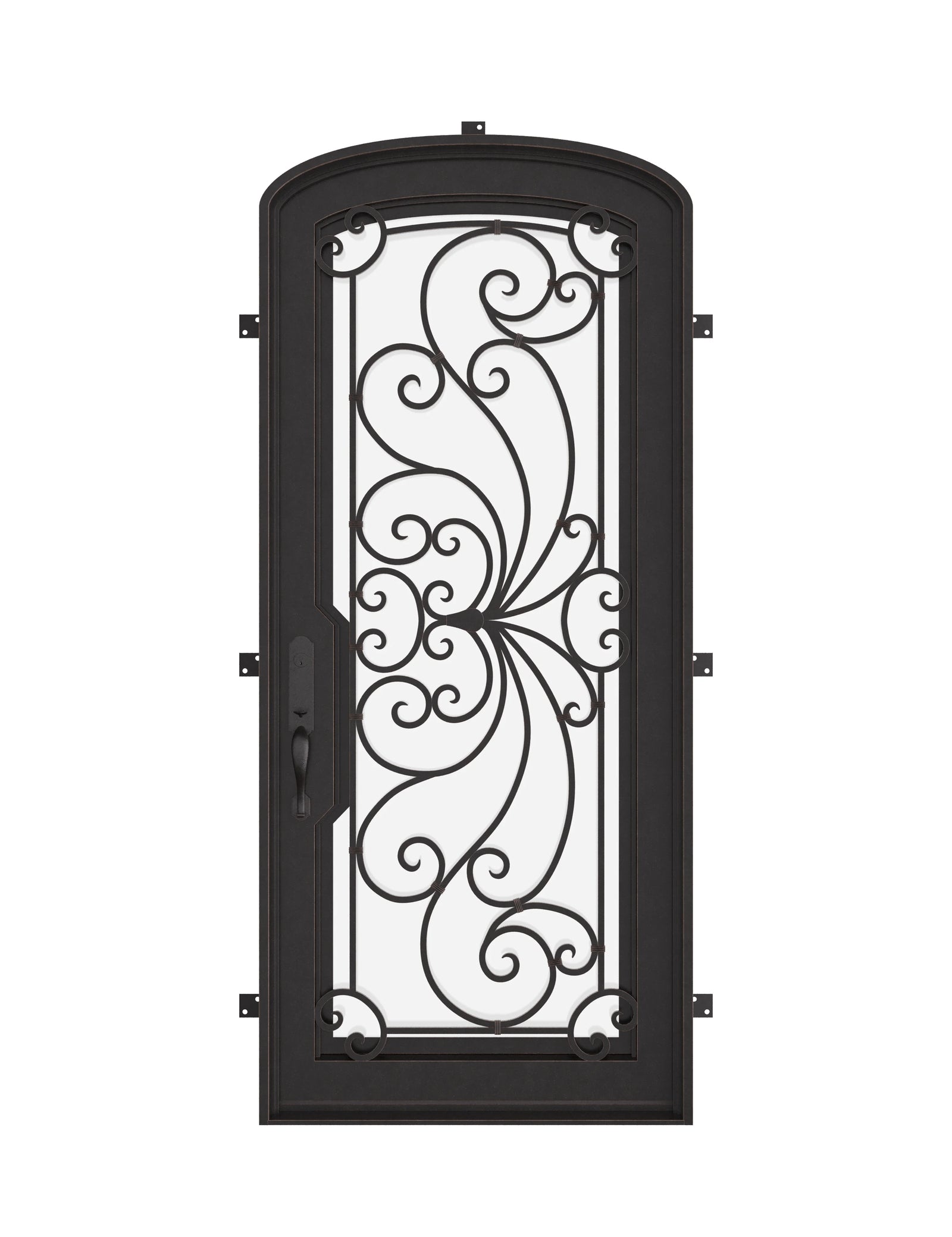 Miracle black metal mini arch top single door with double-pane energy efficient glass.