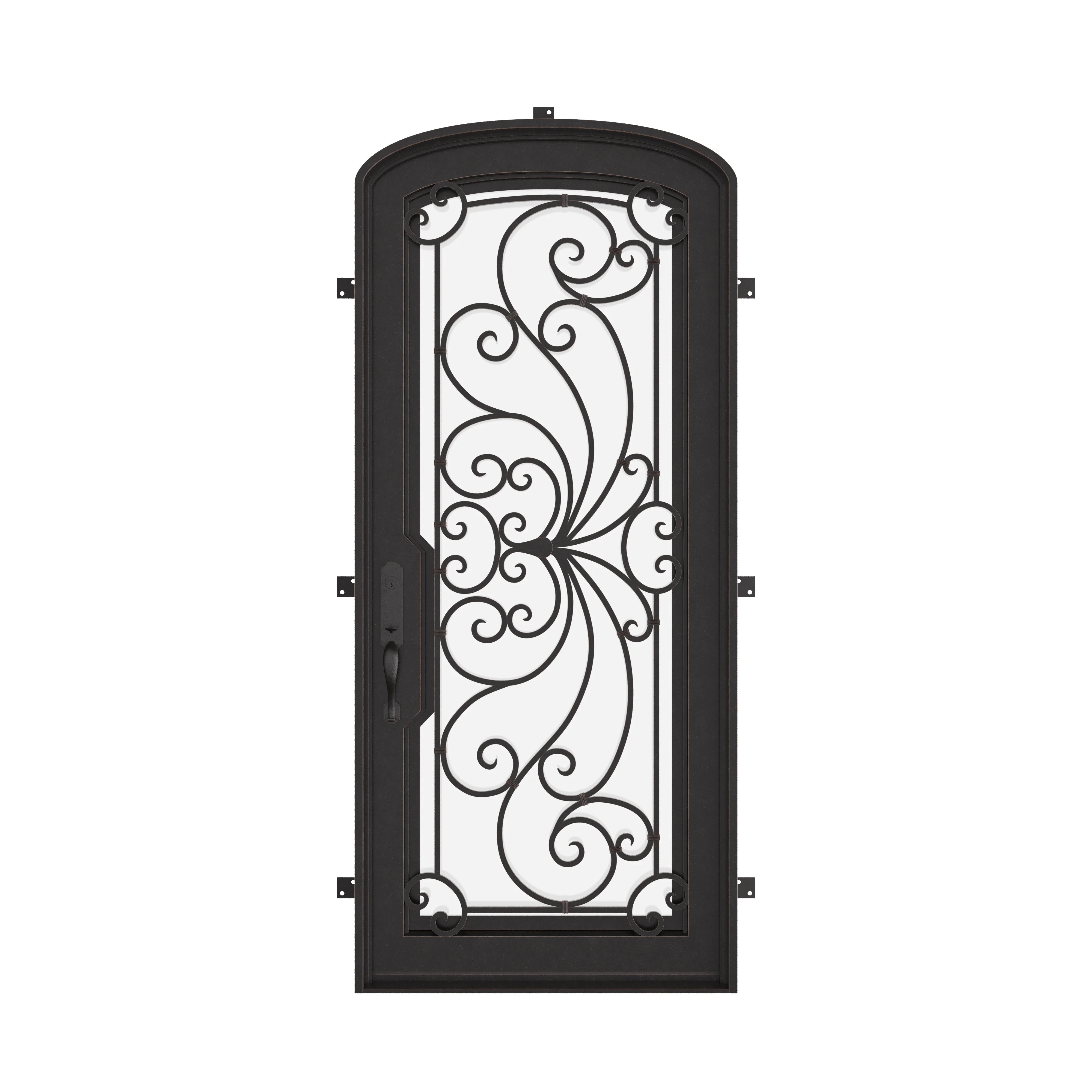 Miracle black metal mini arch top single door with double-pane energy efficient glass.