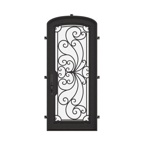 Miracle black metal mini arch top single door with double-pane energy efficient glass.