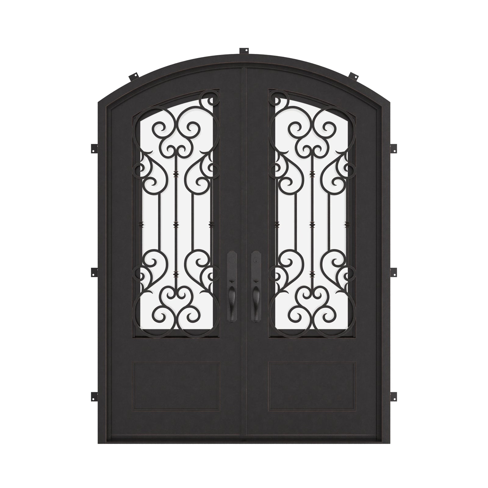 New York bronze colored double entry door with clear glass and arch top.