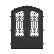 New York bronze colored double entry door with clear glass and arch top.