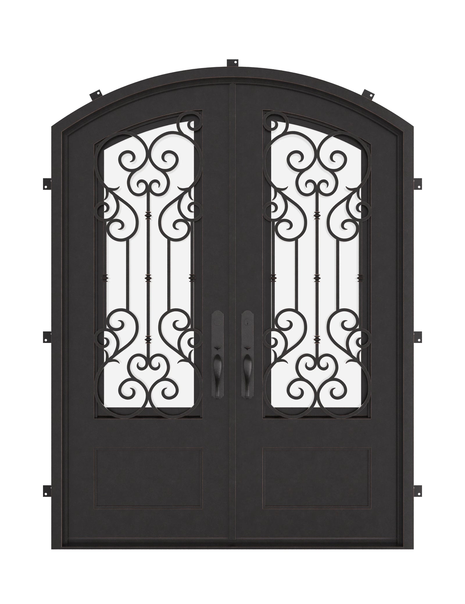 New York bronze colored double entry door with clear glass and arch top.