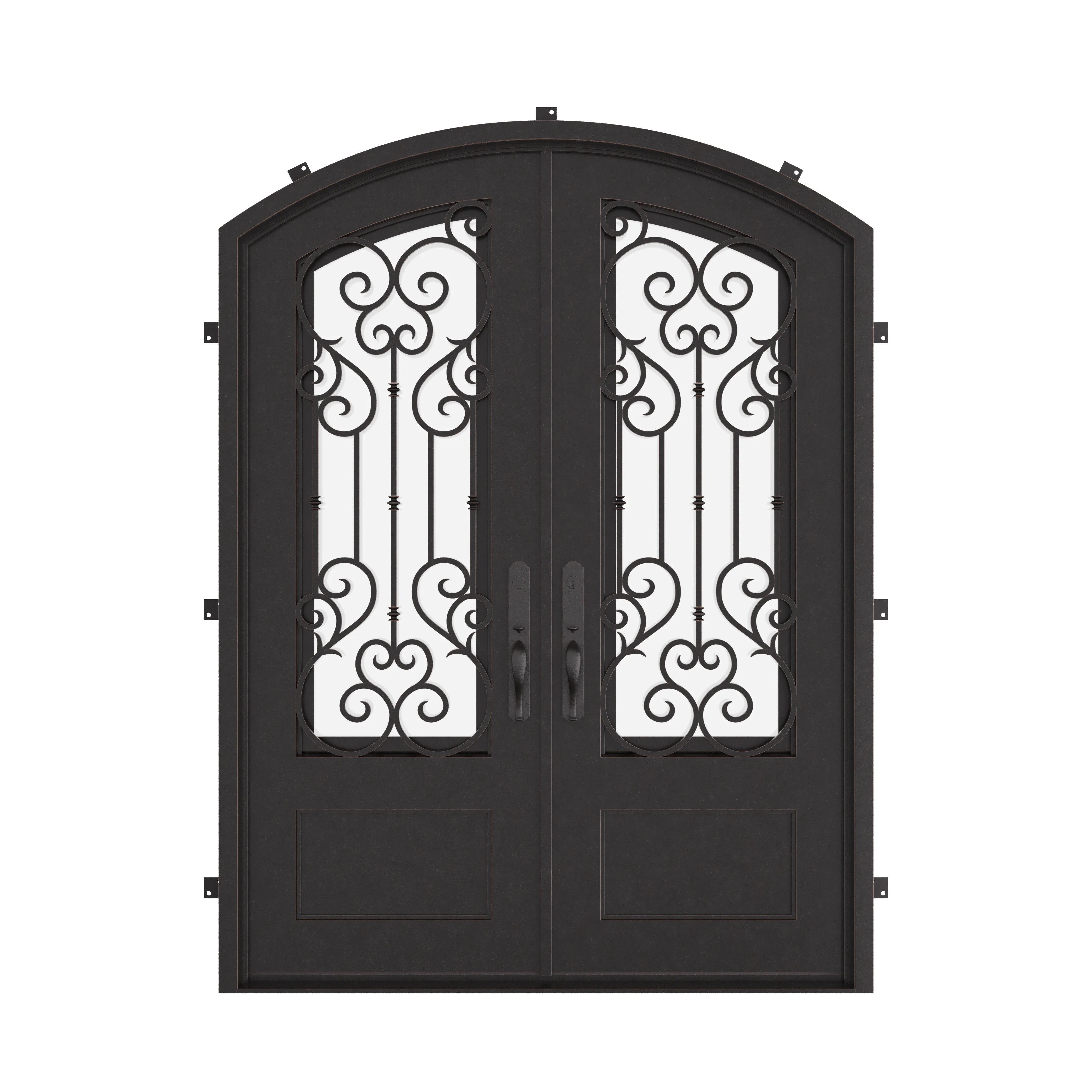 New York bronze colored double entry door with clear glass and arch top.