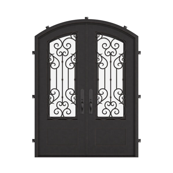 New York bronze colored double entry door with clear glass and arch top.