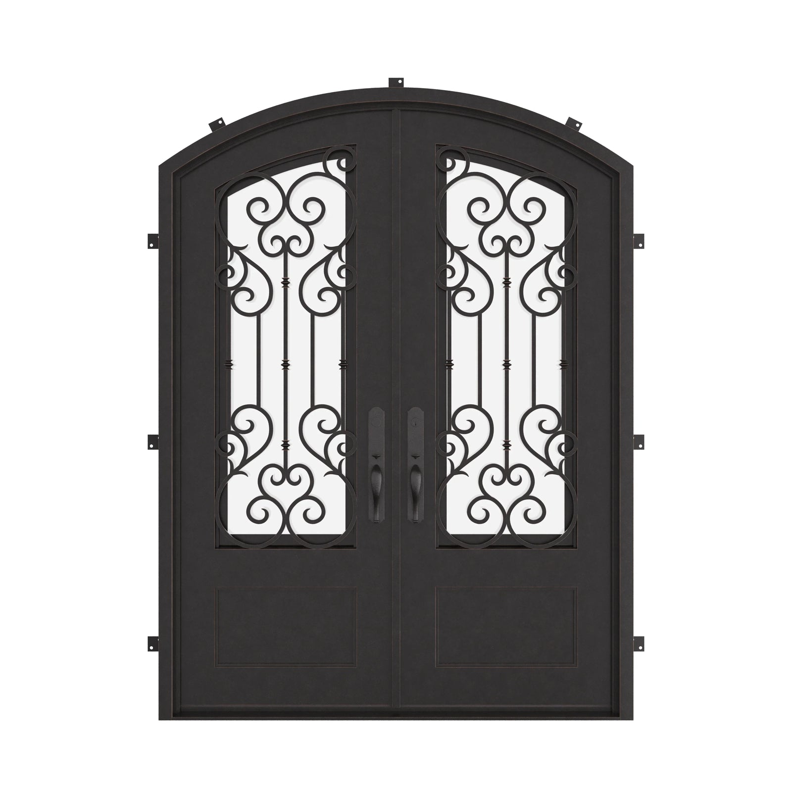 New York double iron door with glass windows in bronze hue and arch.