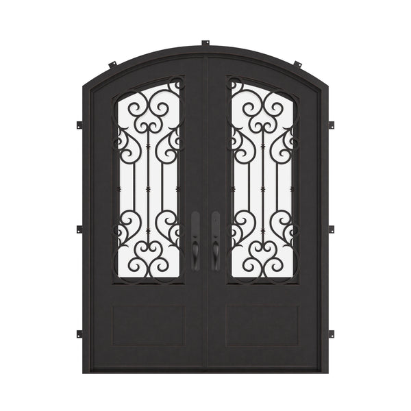 New York double iron door with glass windows in bronze hue and arch.
