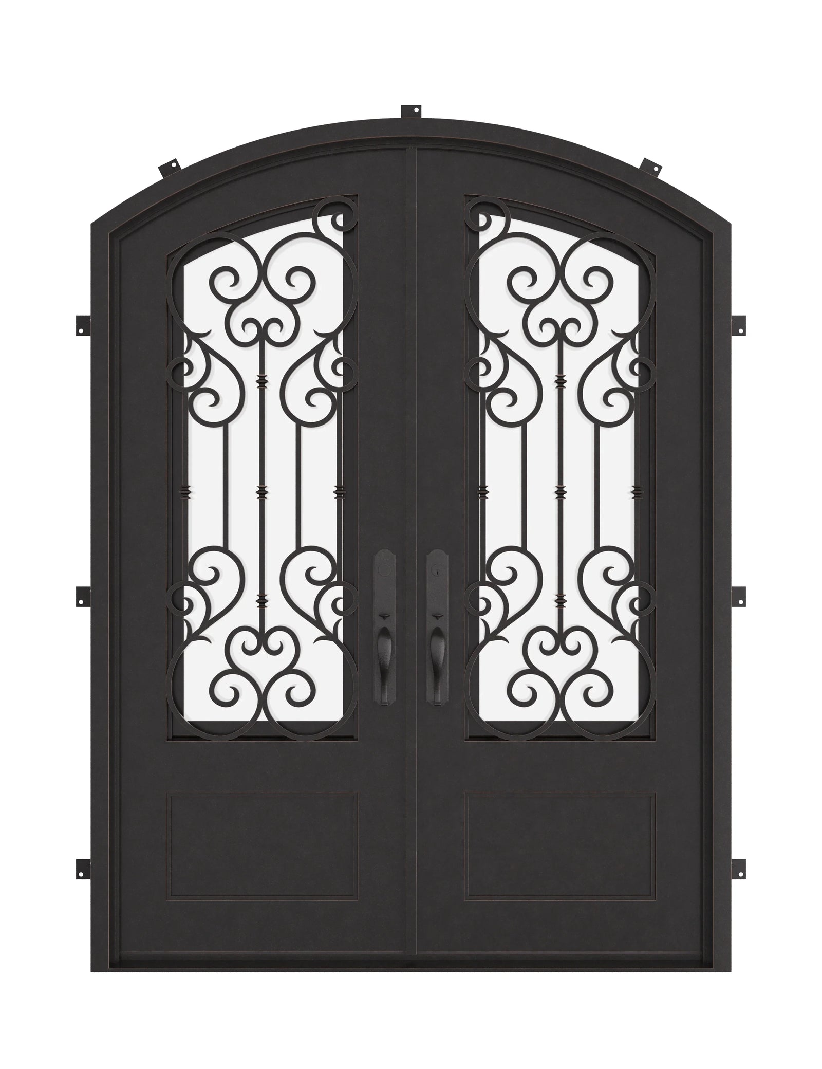 New York arched top double entry door in bronze with thermal barrier and glass.