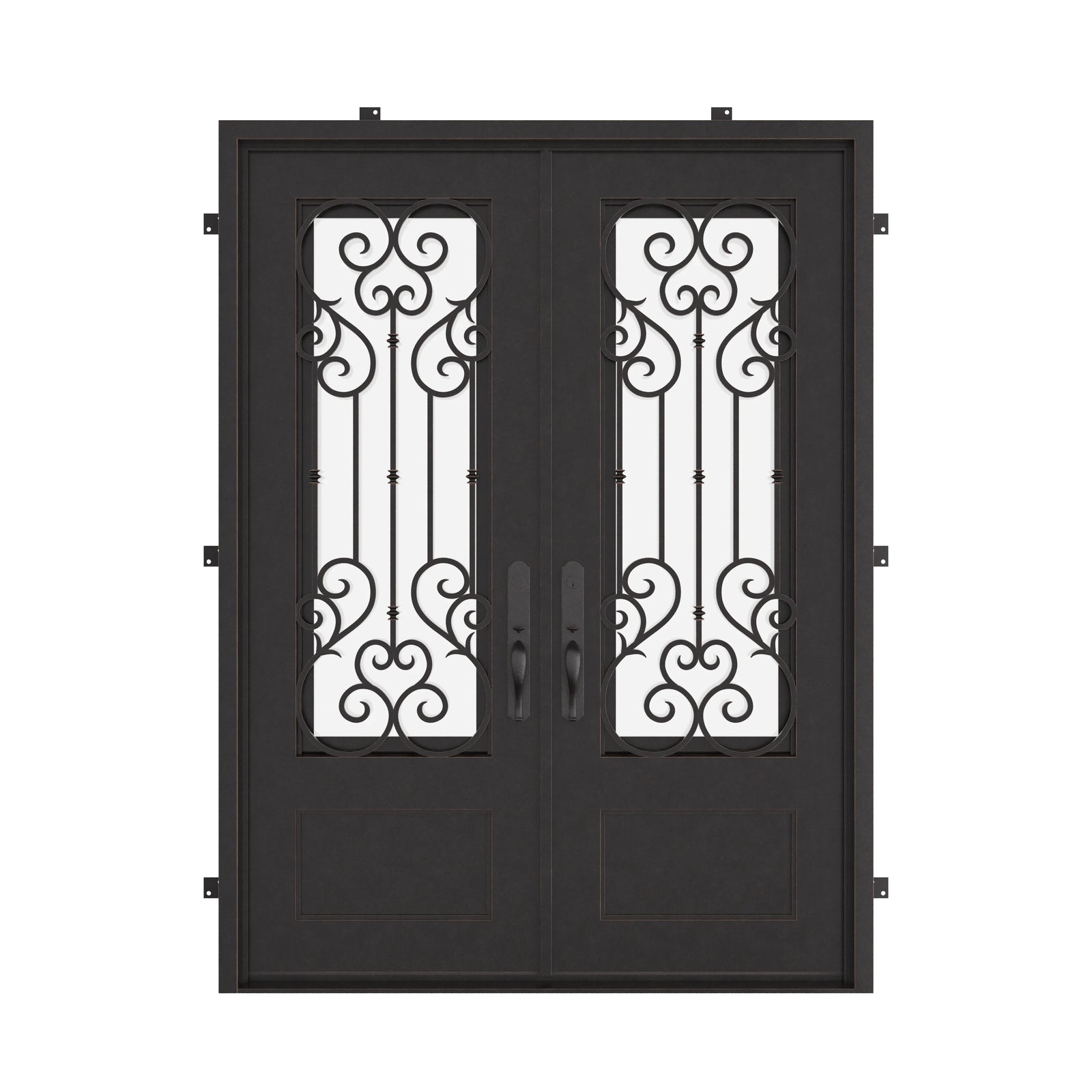New York black iron double door with flat top and double-pane glass.