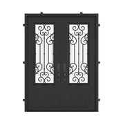 New York black iron double door with flat top and double-pane glass.