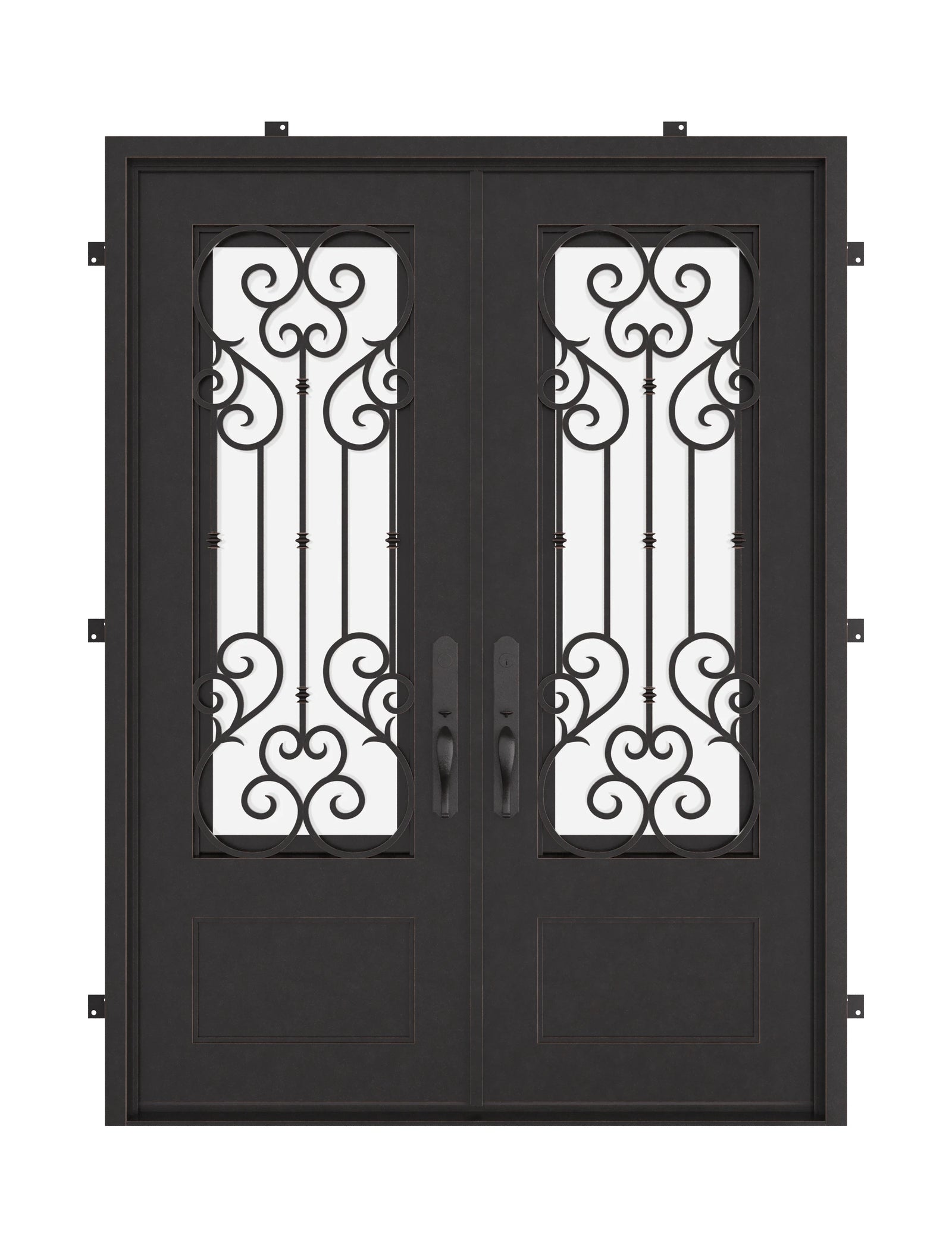 New York black iron double door with flat top and double-pane glass.