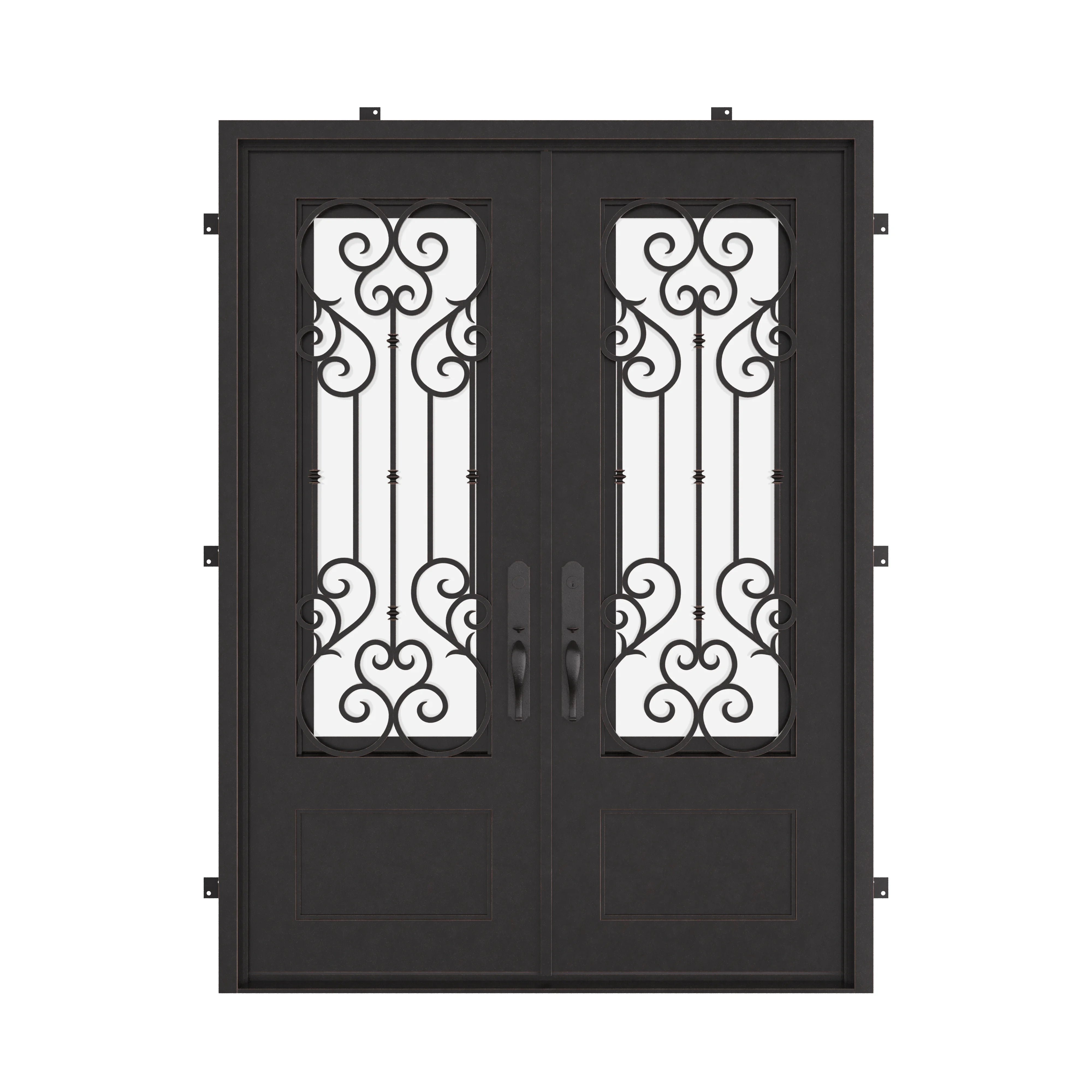 New York black iron double door with flat top and double-pane glass.