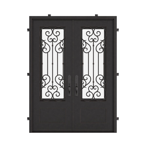 New York black iron double door with flat top and double-pane glass.