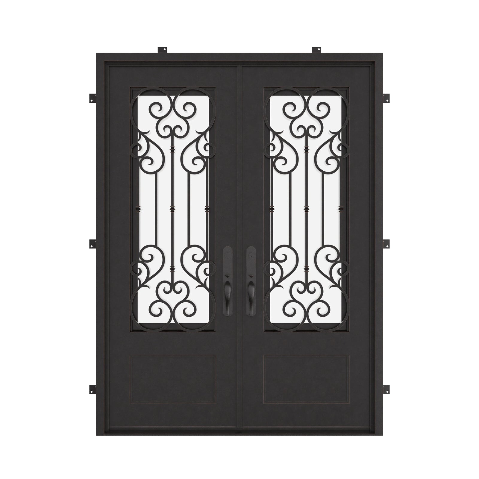New York pre-hung black metal double square top door with tempered glass.