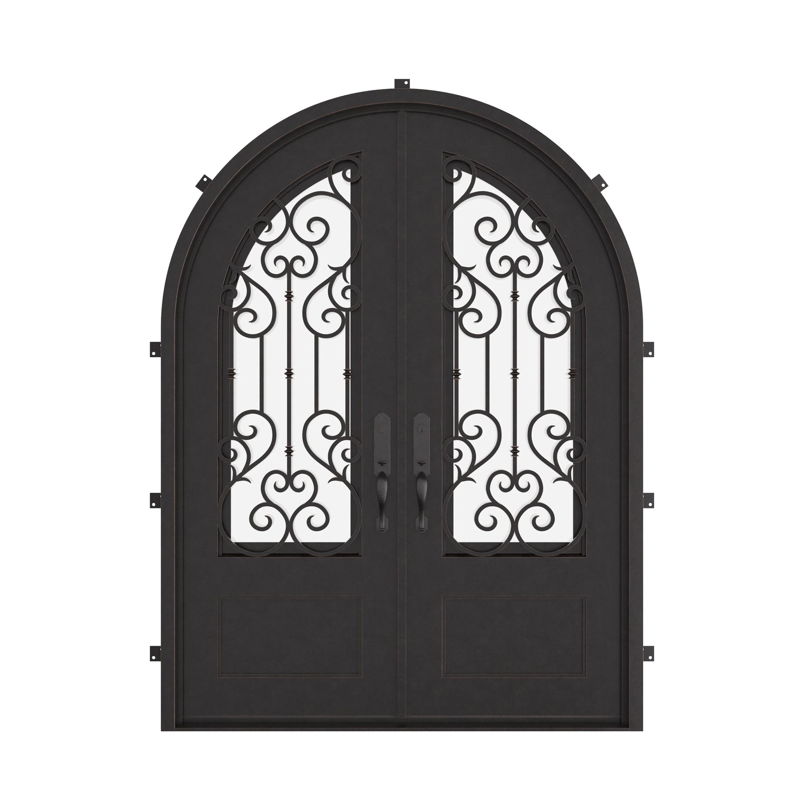 New York round top double french entry door with hand forged scrollwork and glass.