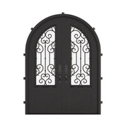 New York round top double french entry door with hand forged scrollwork and glass.