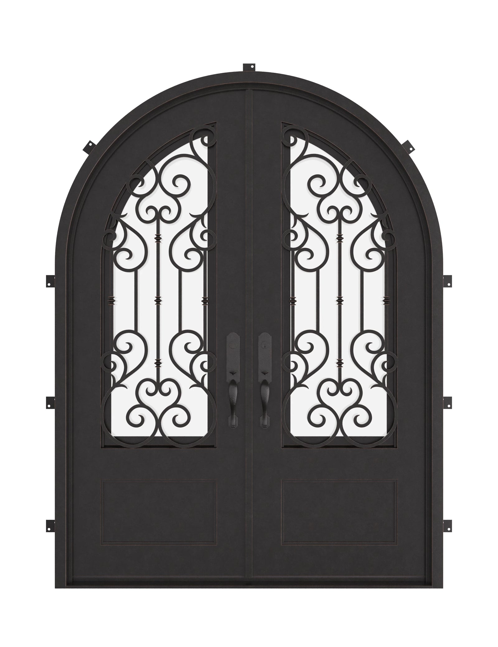 New York round top double french entry door with hand forged scrollwork and glass.