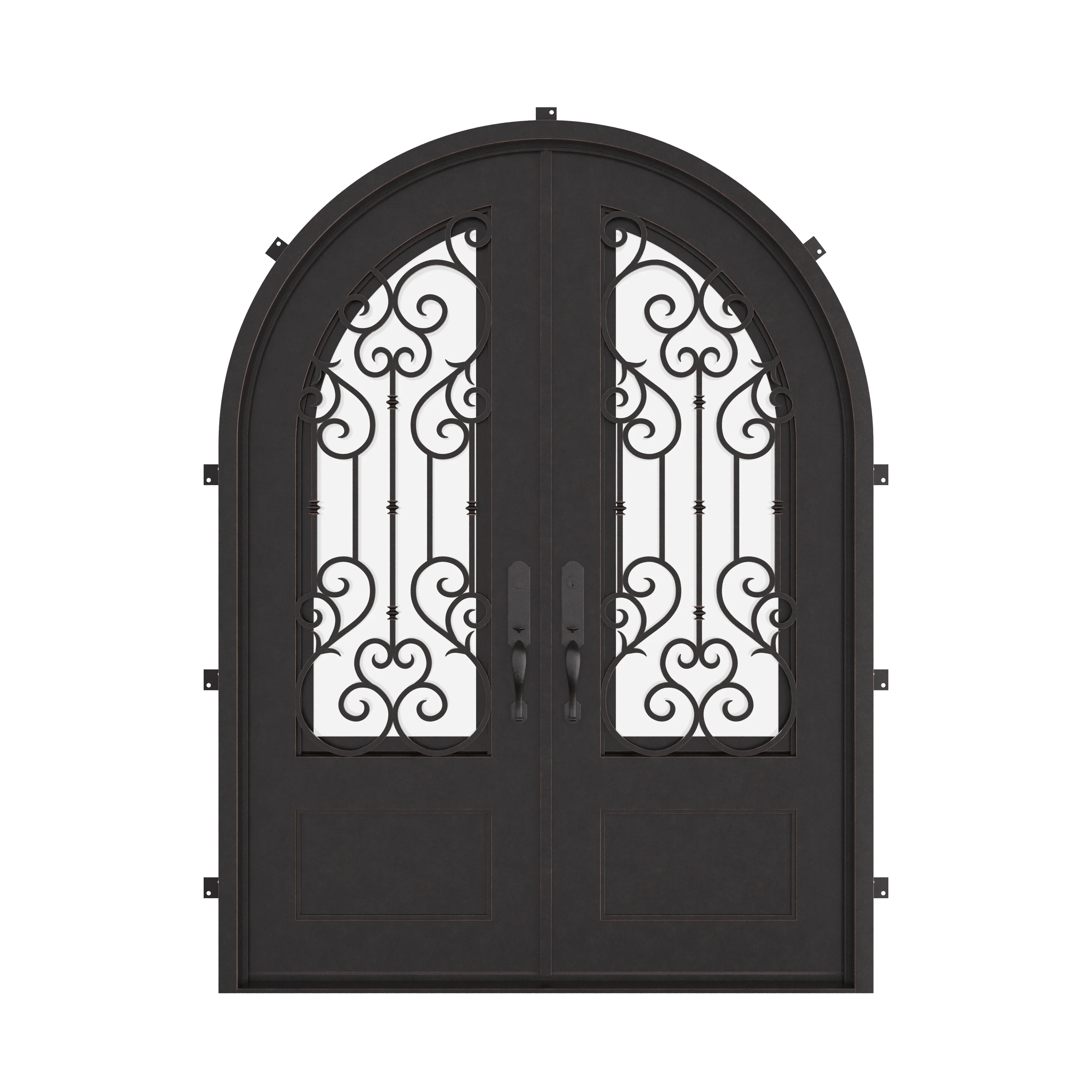 New York round top double french entry door with hand forged scrollwork and glass.