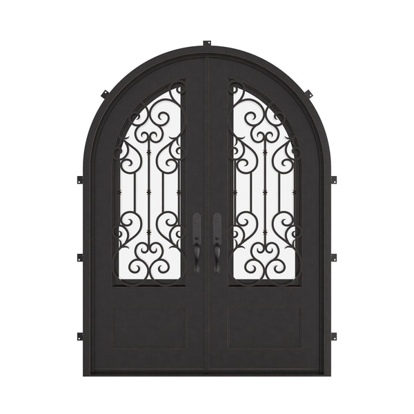 New York round top double french entry door with hand forged scrollwork and glass.