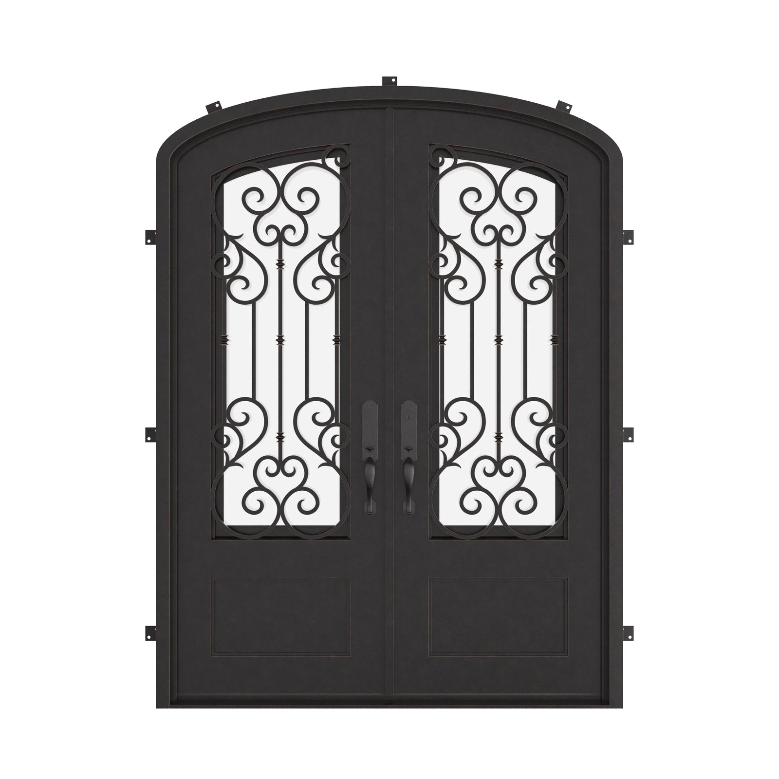 New York iron door with clear glass in bronze shade and arched style.