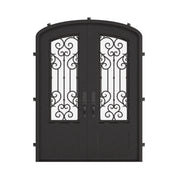 New York iron door with clear glass in bronze shade and arched style.