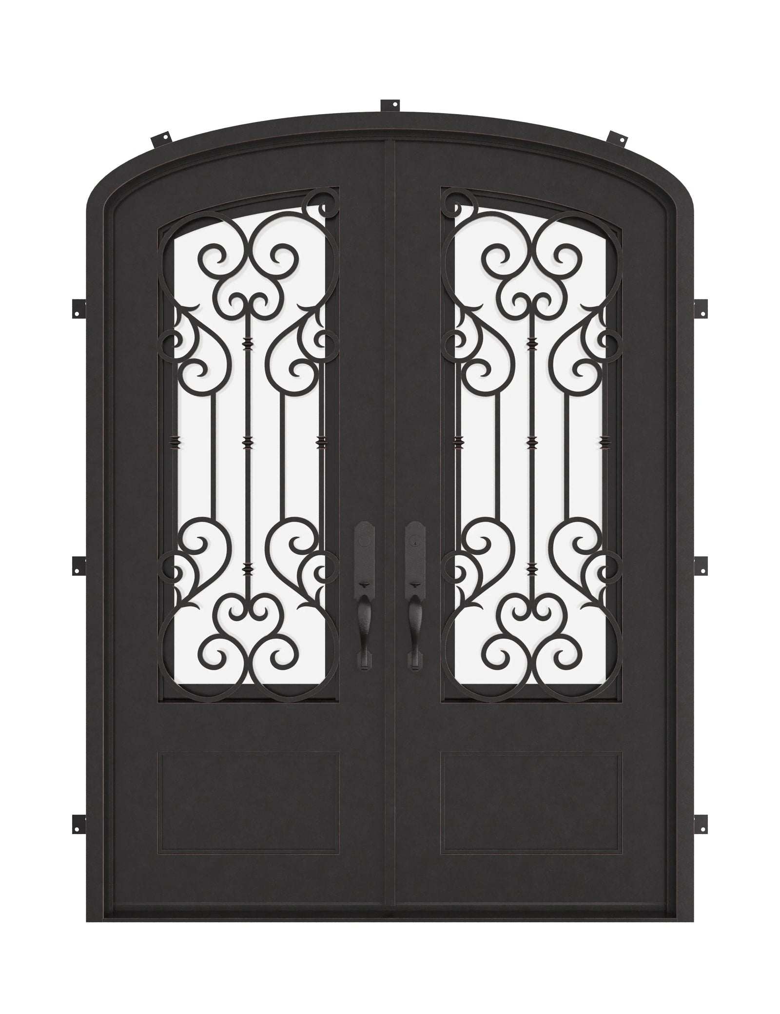 New York iron door with clear glass in bronze shade and arched style.