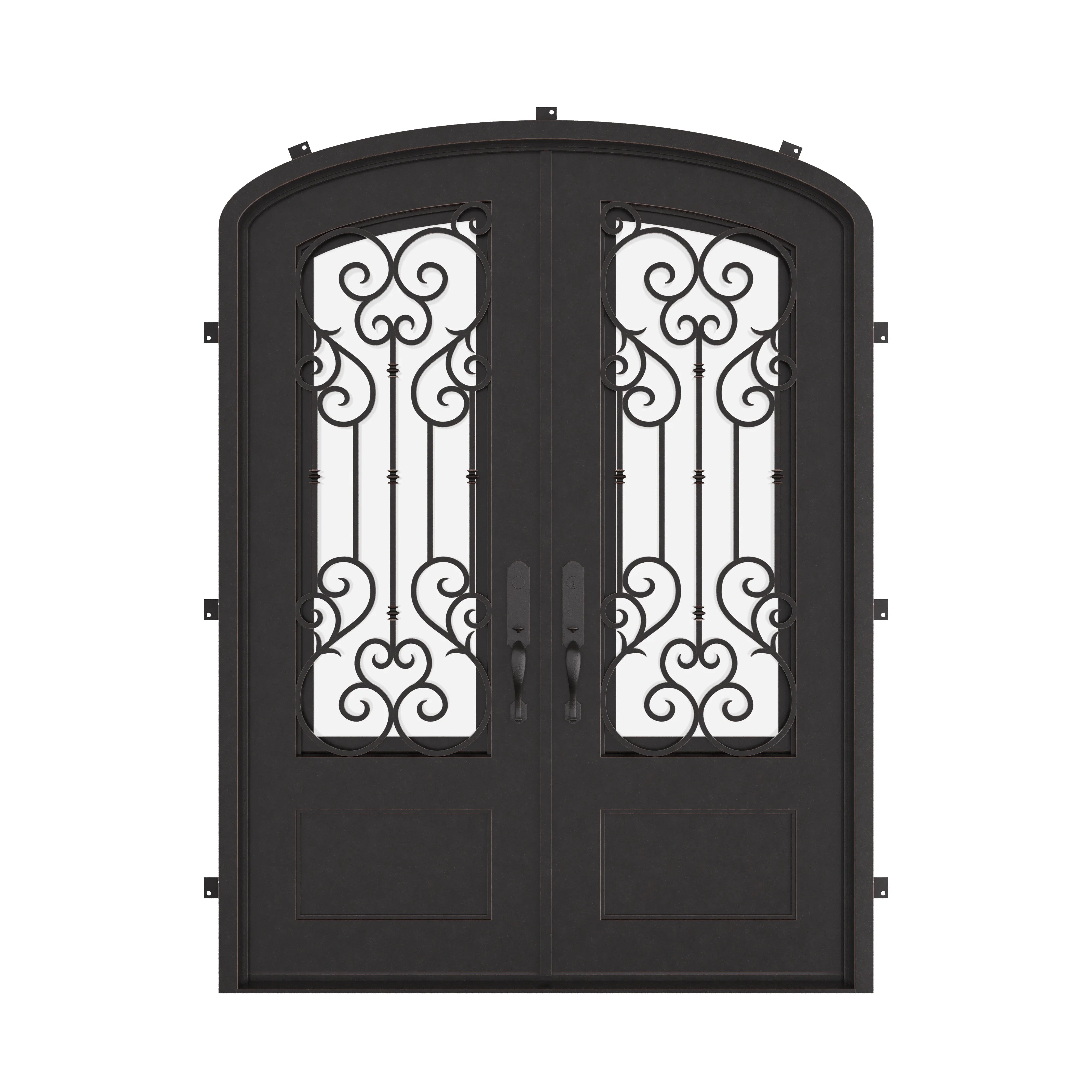 New York iron door with clear glass in bronze shade and arched style.