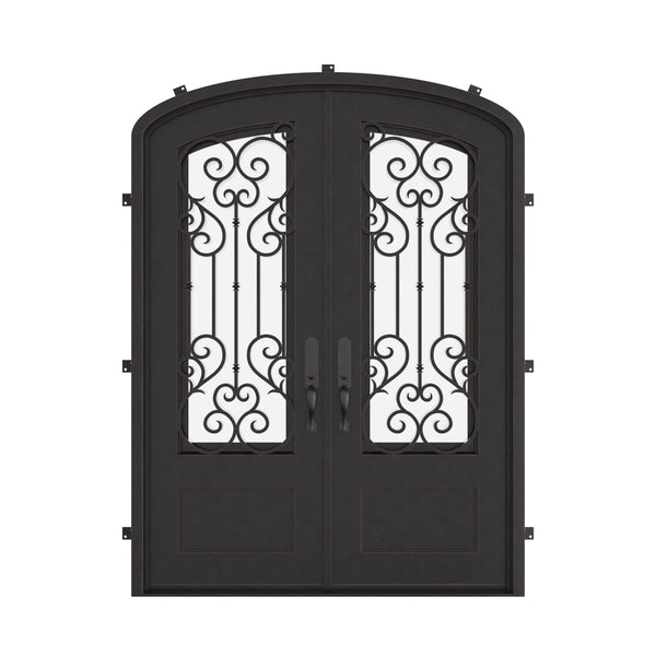 New York iron door with clear glass in bronze shade and arched style.