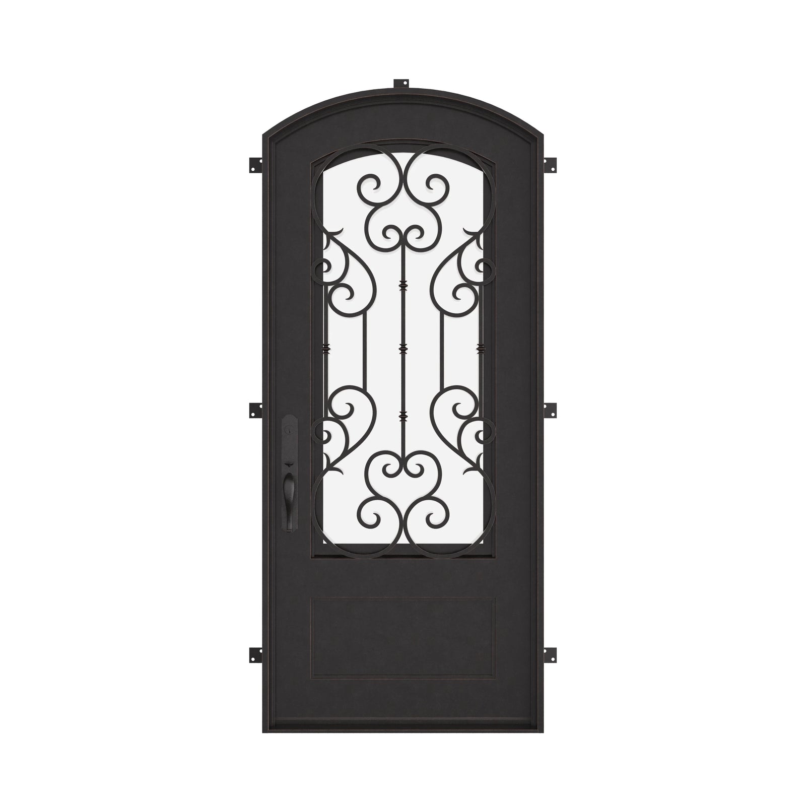 New York single arch top single door with tempered glass in bronze color.