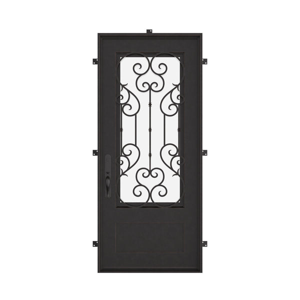 New York Bronze color metal flat top single swing door with thick glass panel.