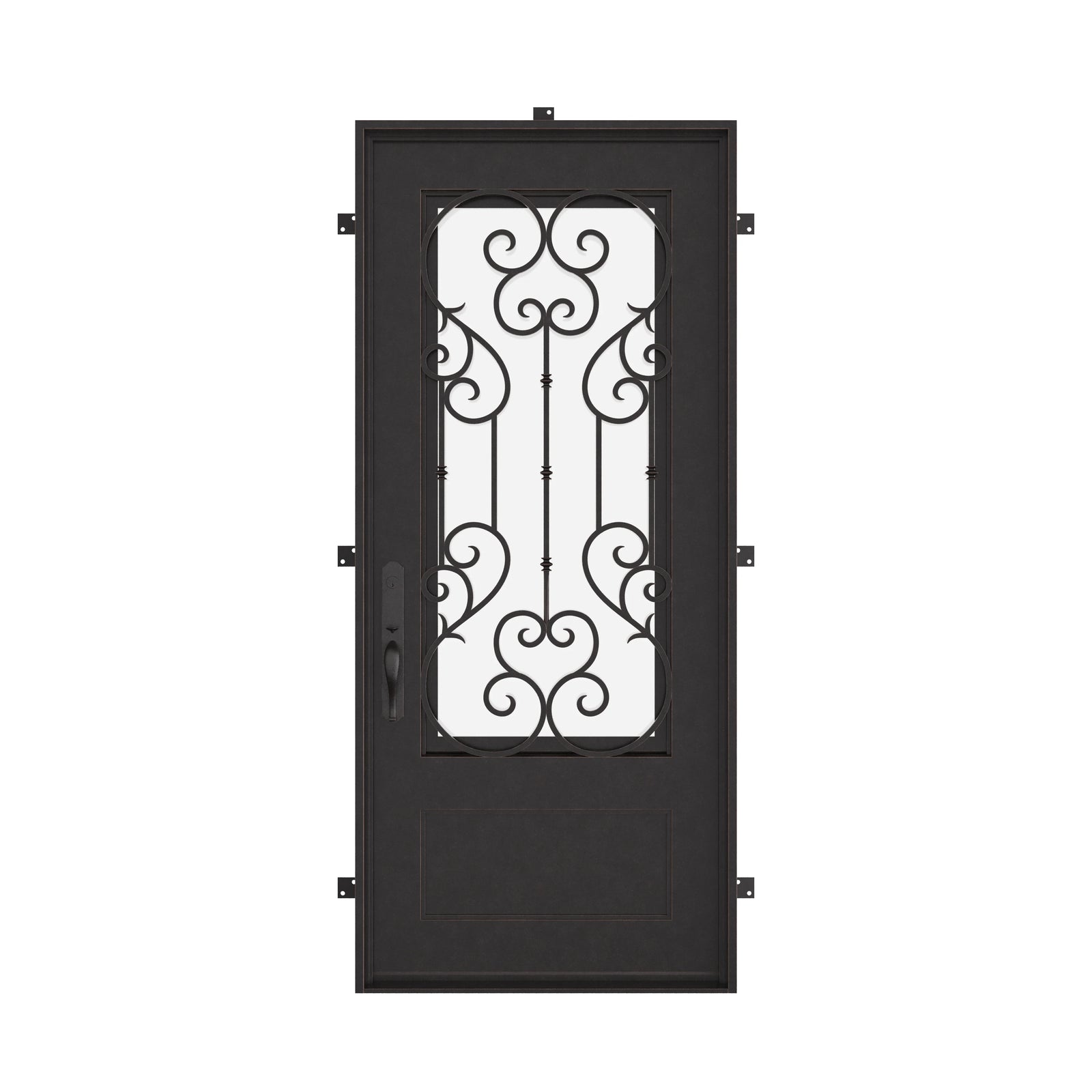 New York Black exterior wrought iron single door with energy efficient glass.
