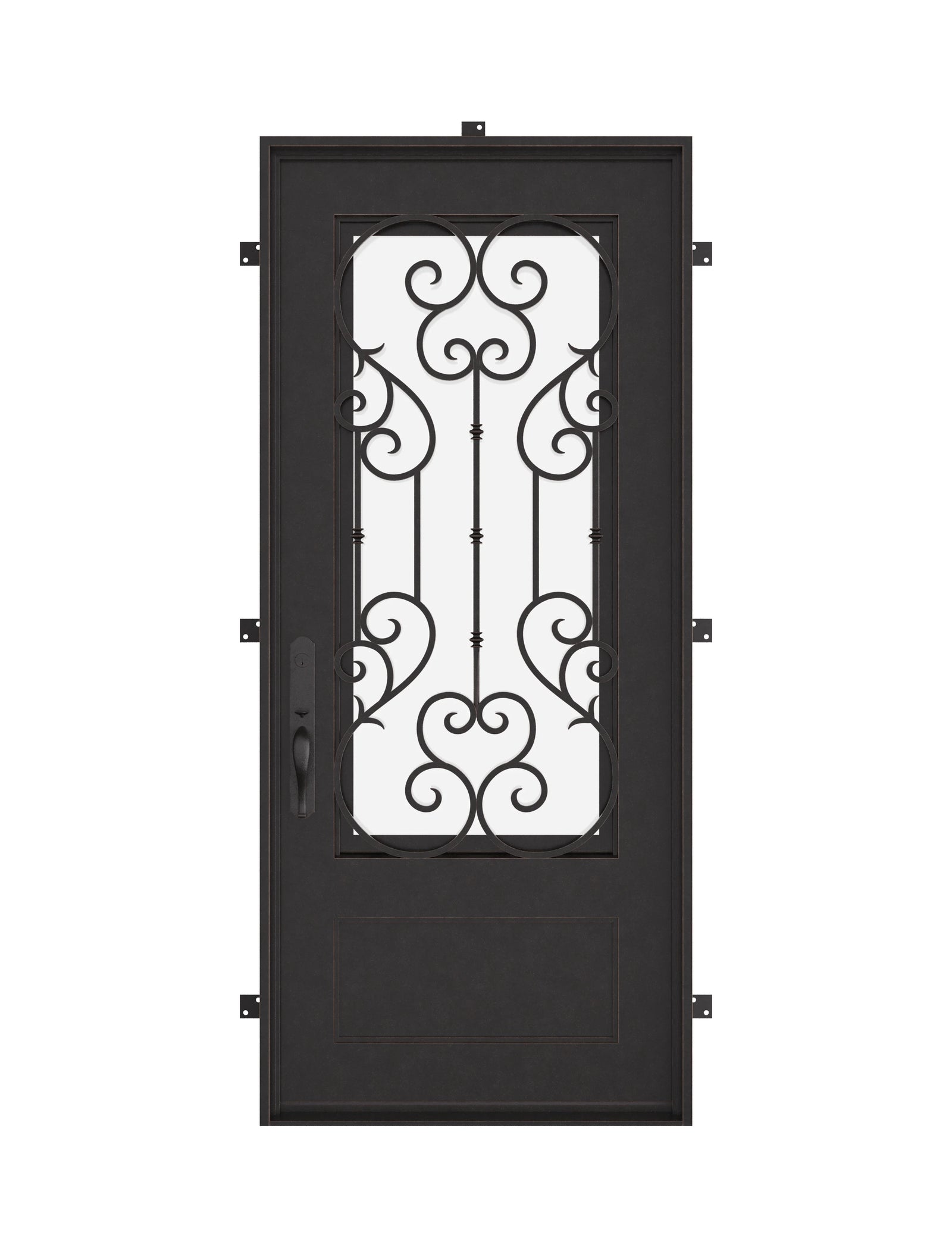 New York Black exterior wrought iron single door with energy efficient glass.