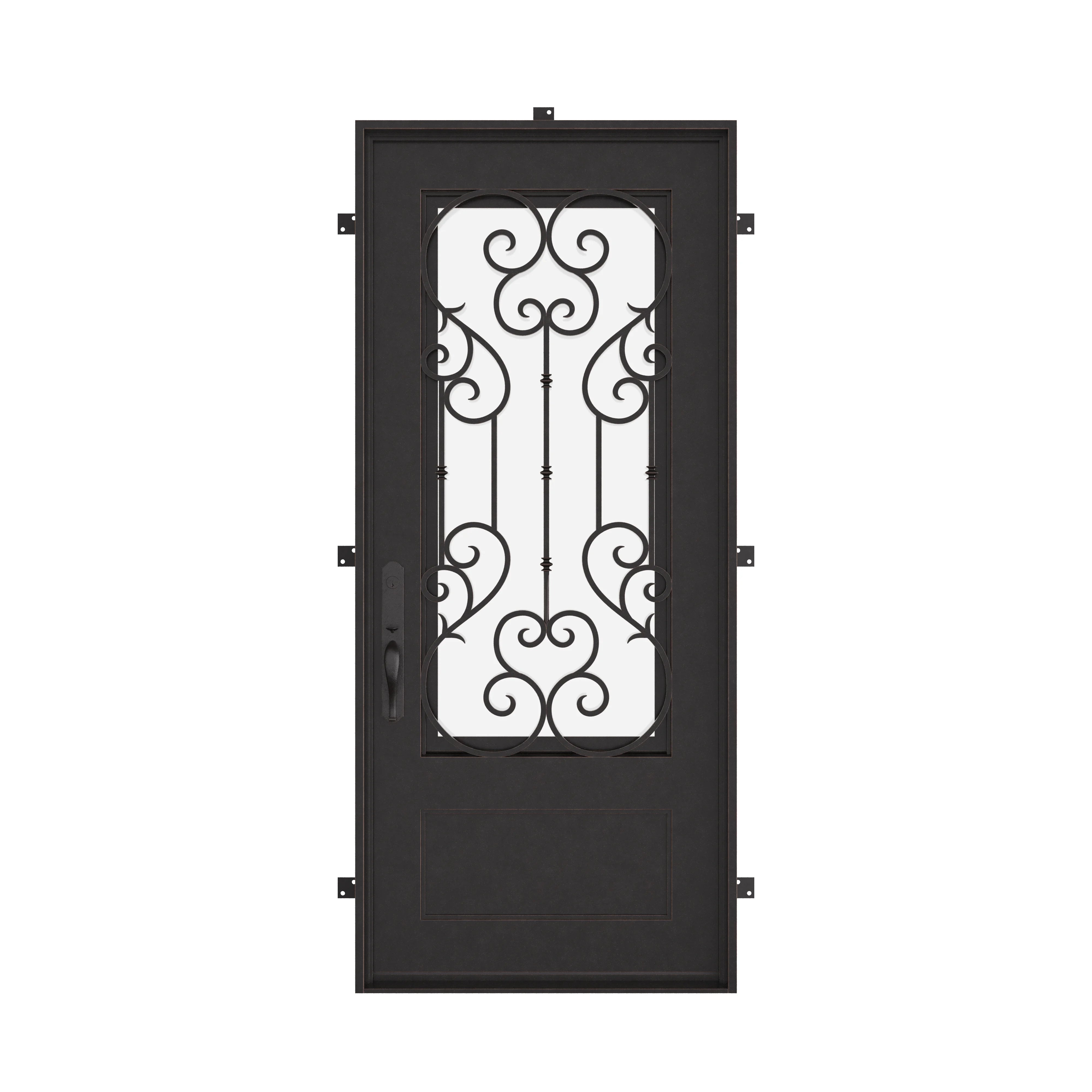 New York Black exterior wrought iron single door with energy efficient glass.