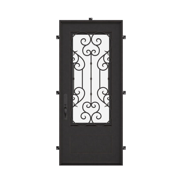 New York Black exterior wrought iron single door with energy efficient glass.