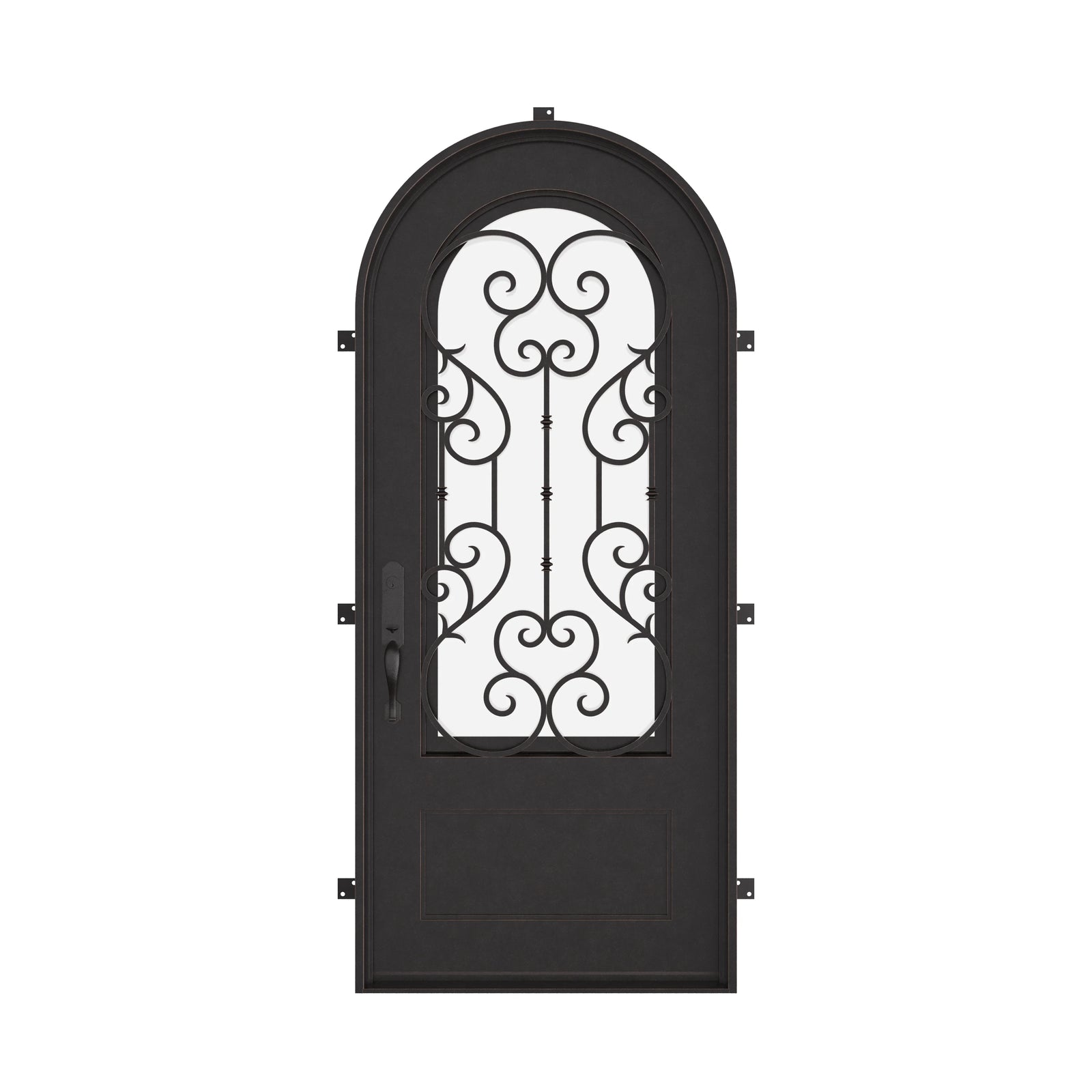 New York black architectural iron single radius top door with double glass.