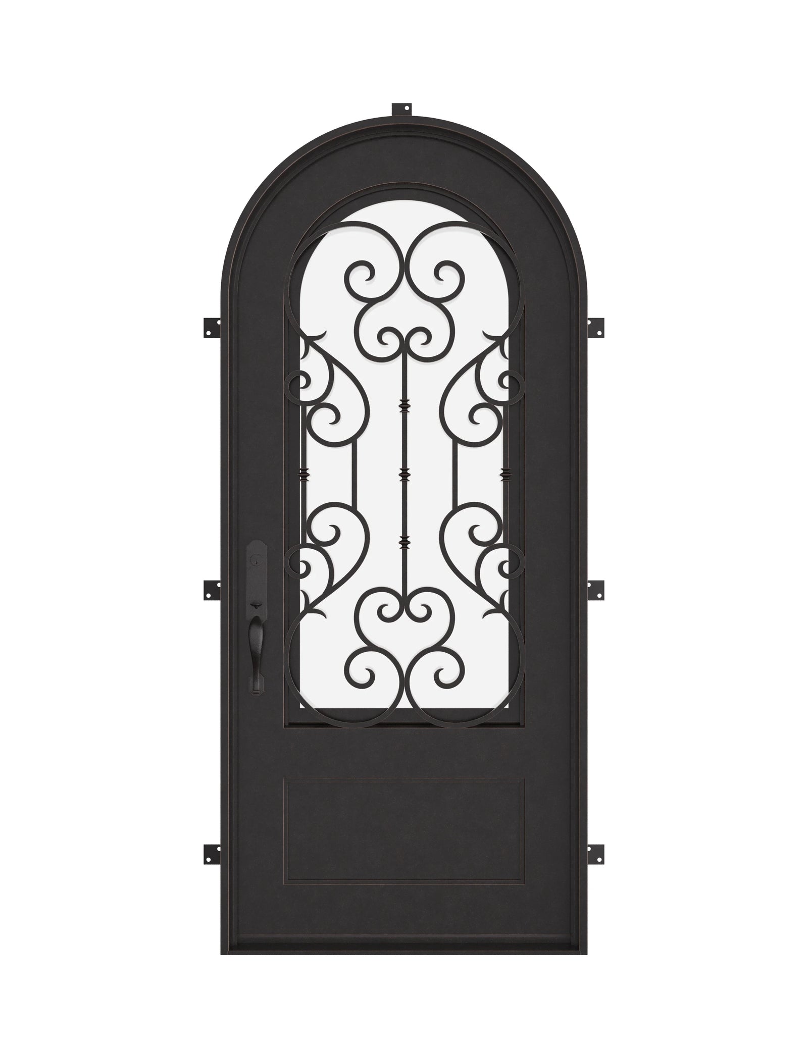 New York black architectural iron single radius top door with double glass.
