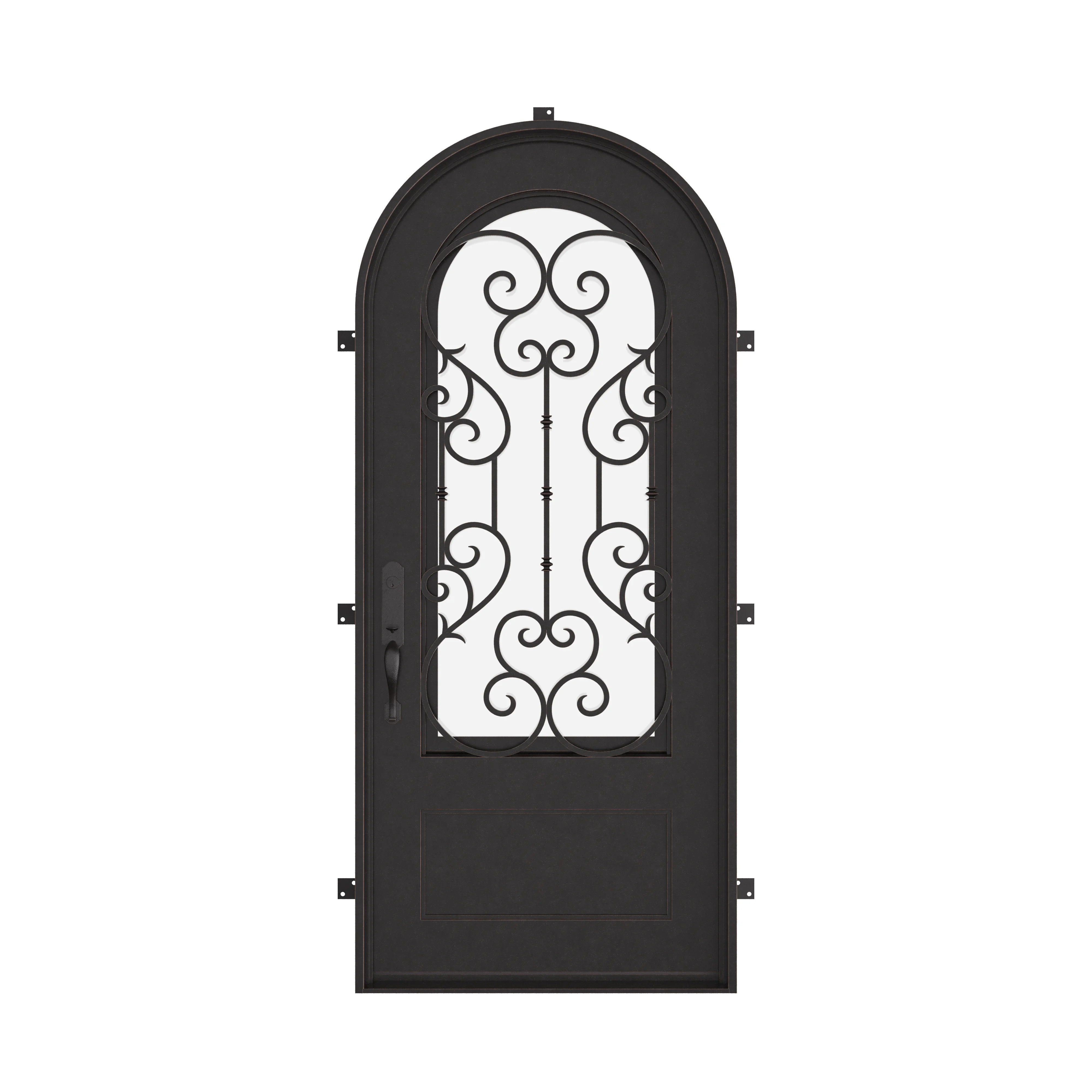 New York black architectural iron single radius top door with double glass.