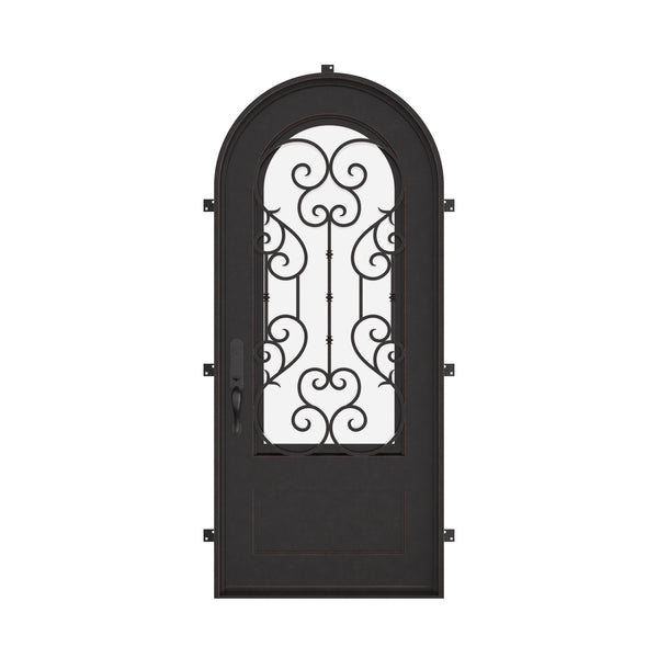 New York black architectural iron single radius top door with double glass.