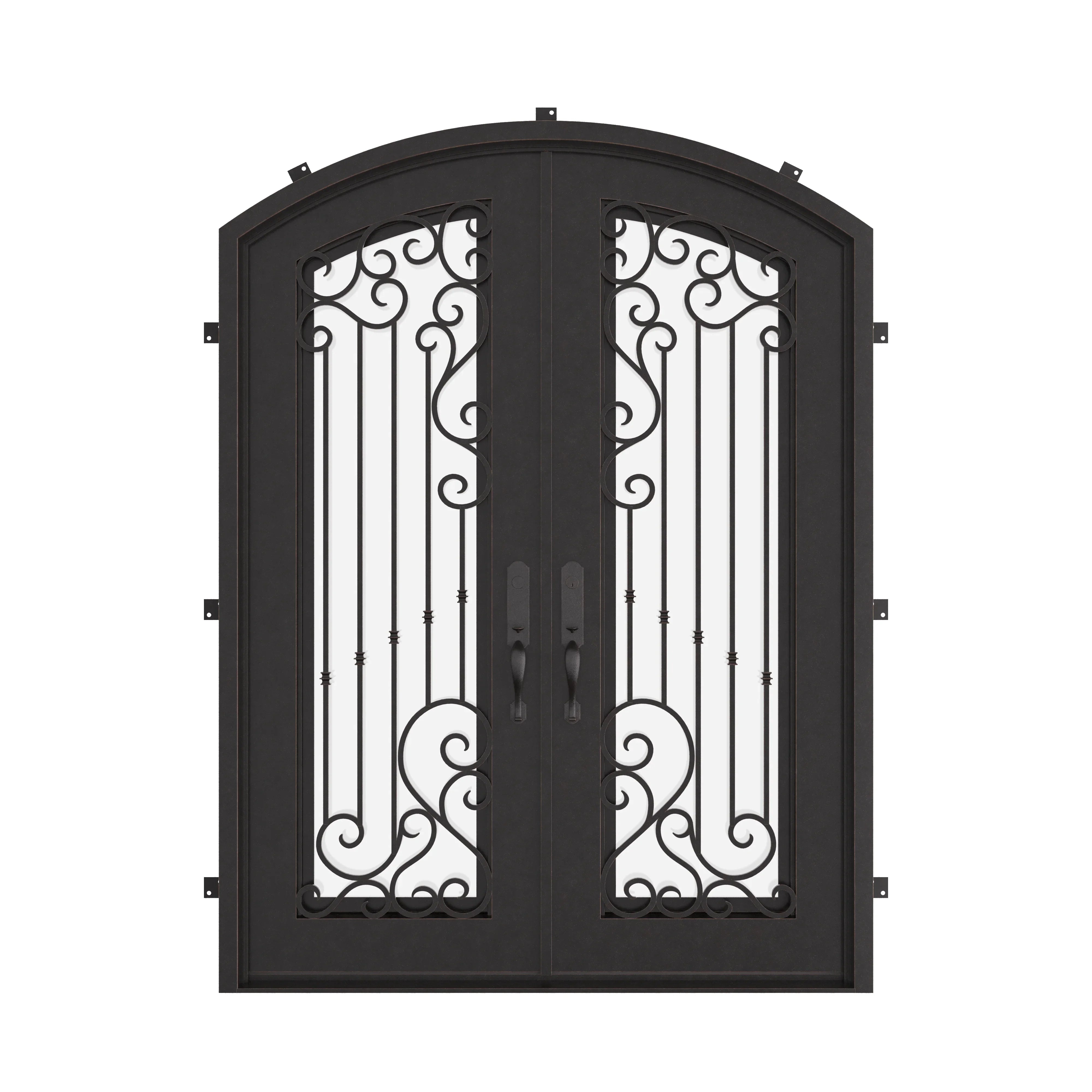 Paris black colored arched top metal entry door with thermal barrier and glass.
