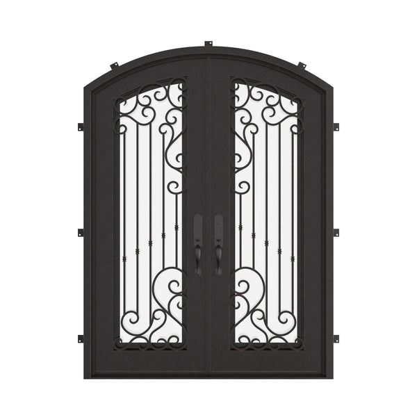 Paris black colored arched top metal entry door with thermal barrier and glass.