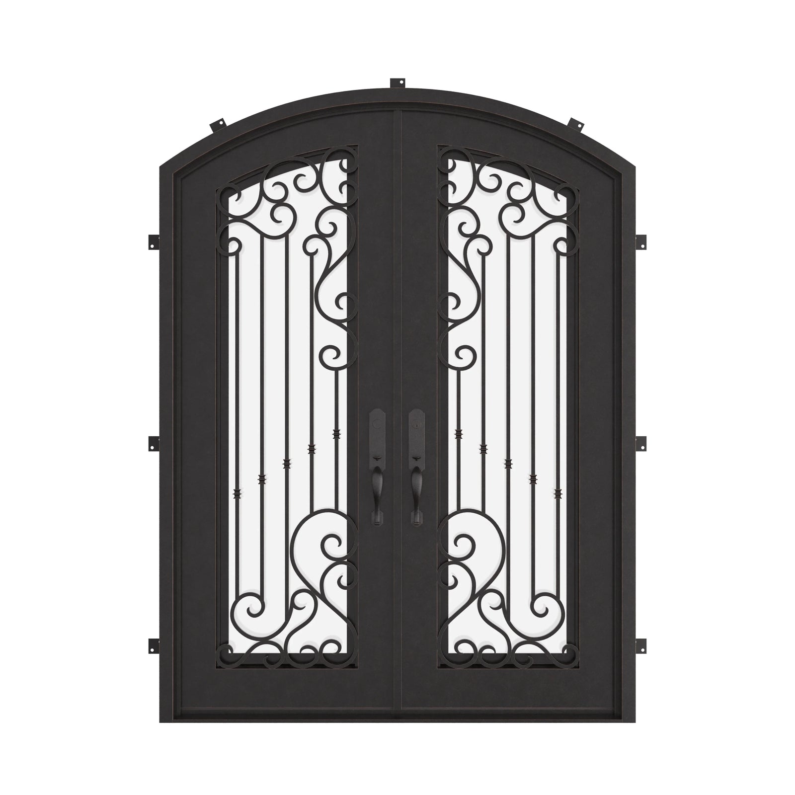 Paris metal arched top door with thermal break and glass in bronze.