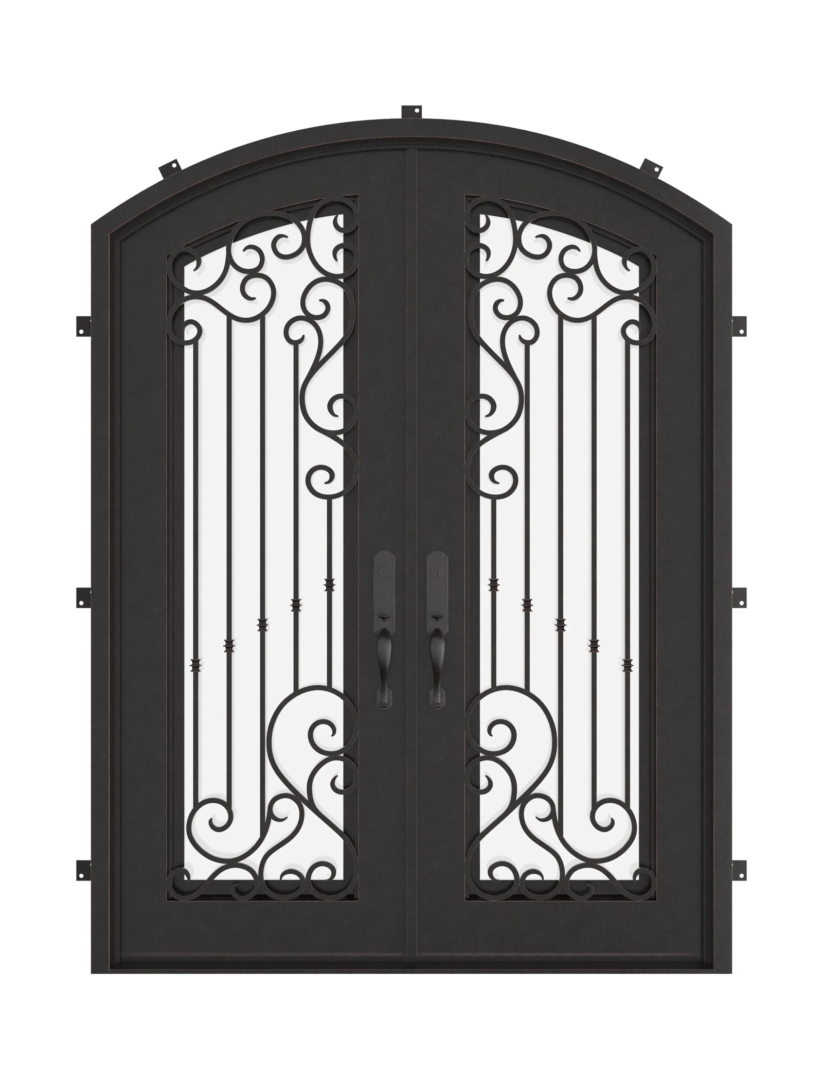 Paris metal arched top door with thermal break and glass in bronze.