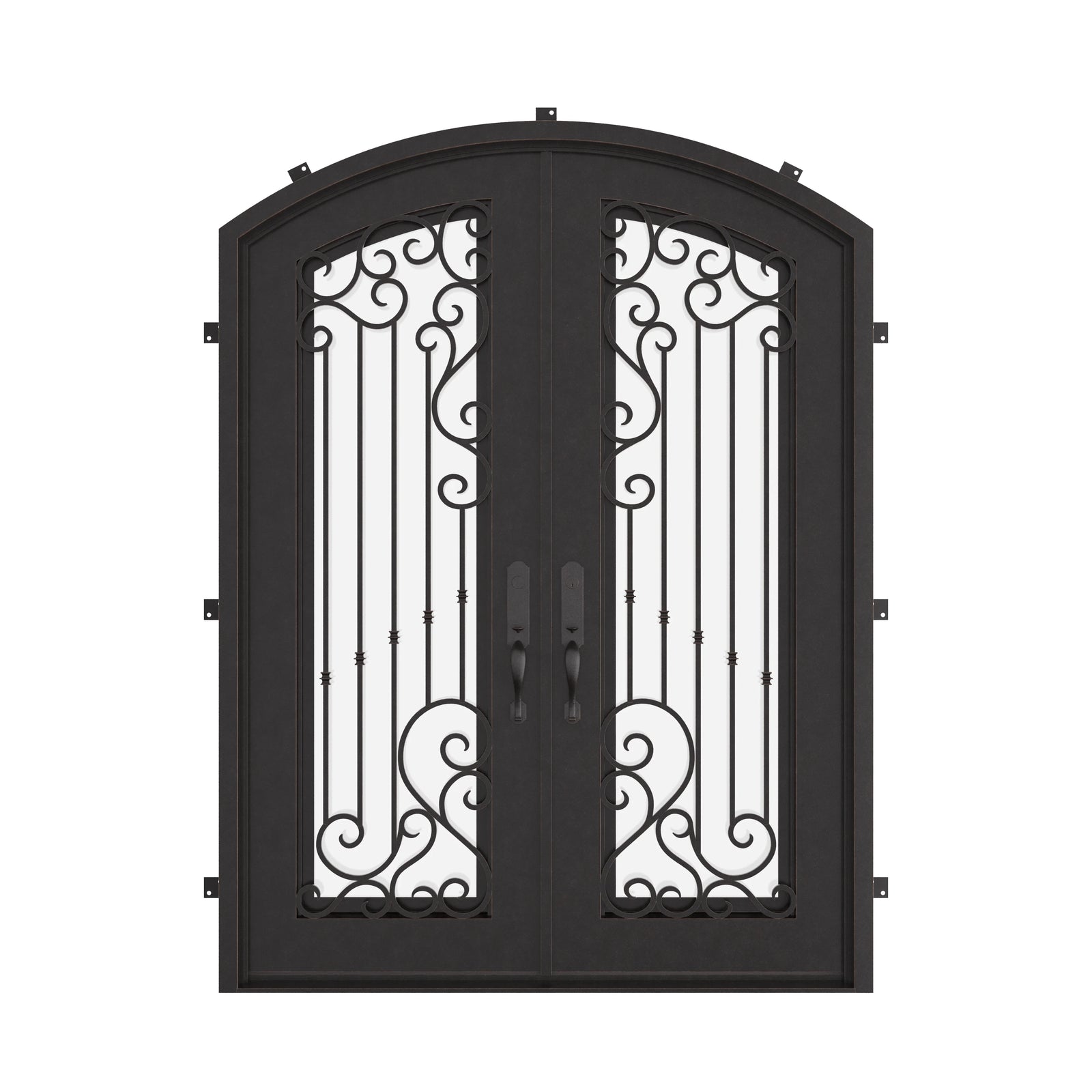 Paris arch top iron door in bronze shade with clear glass.