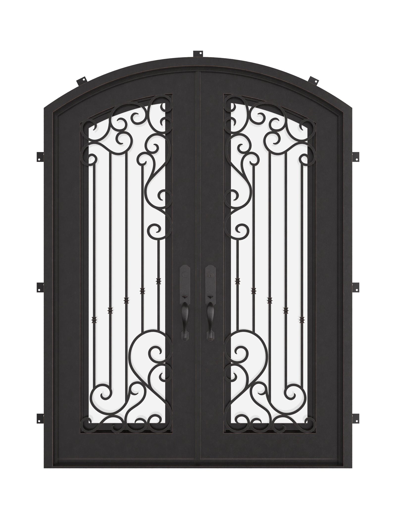 Paris arch top iron door in bronze shade with clear glass.