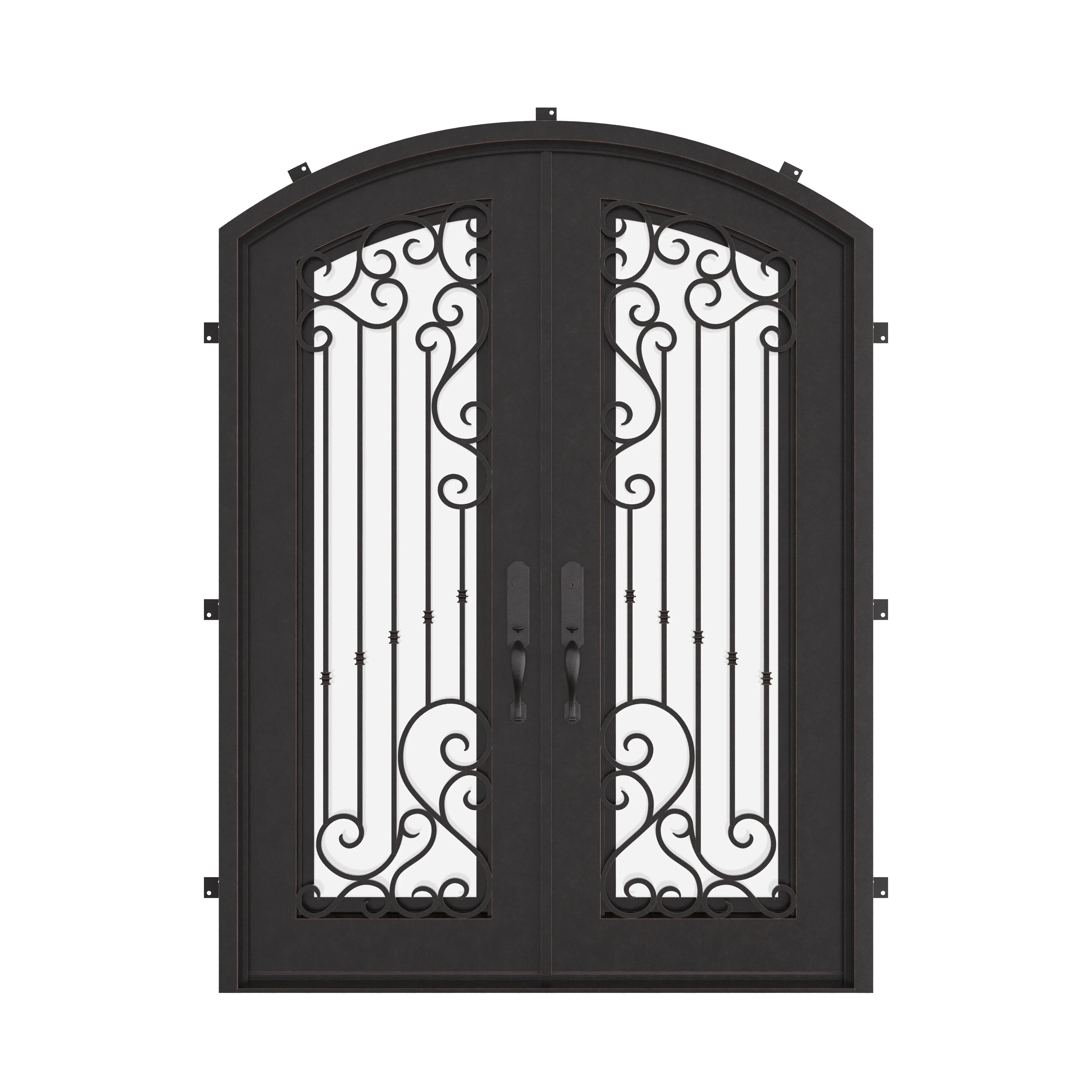 Paris arch top iron door in bronze shade with clear glass.