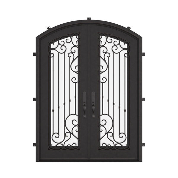 Paris arch top iron door in bronze shade with clear glass.