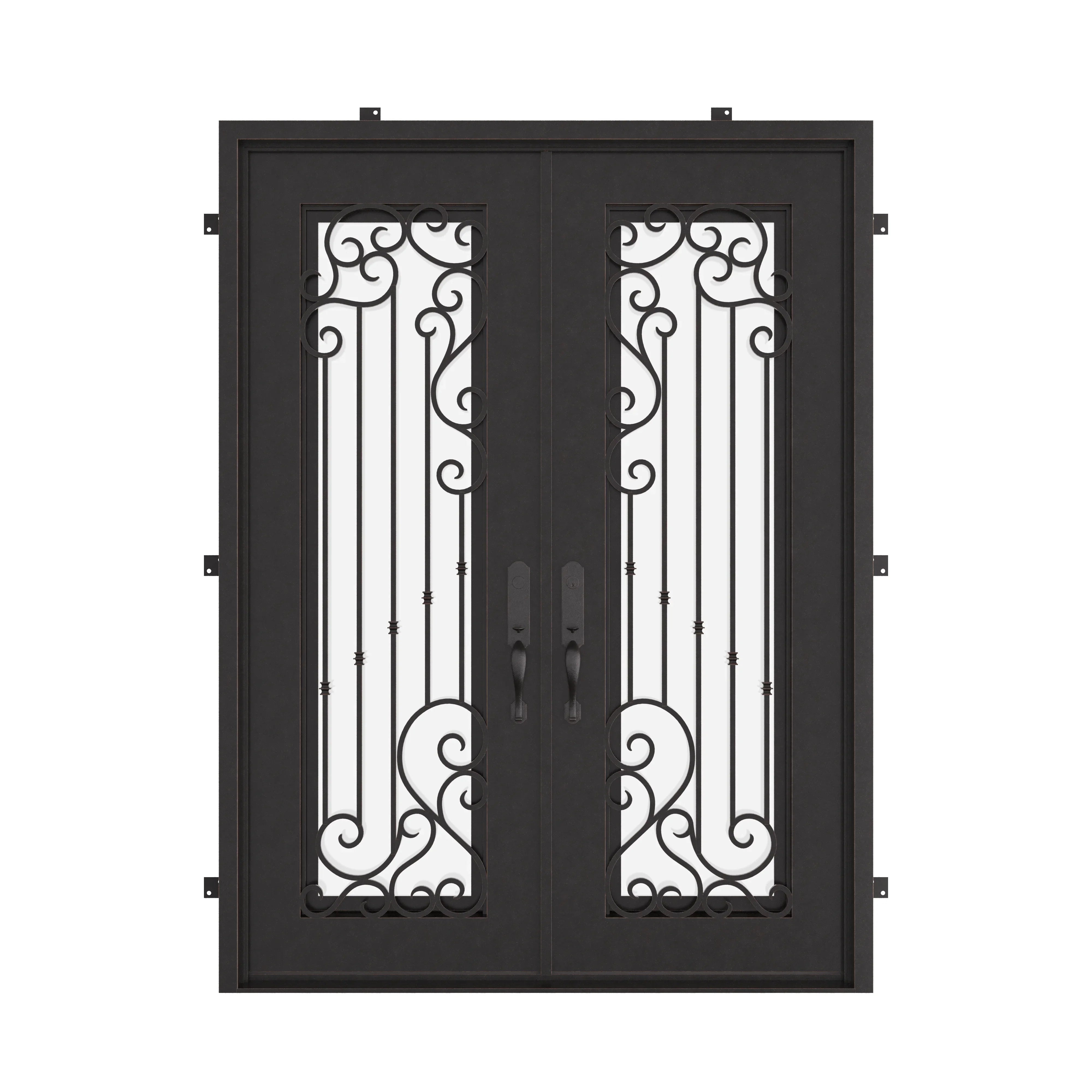 Paris black iron double door with square top and dual-pane glass.