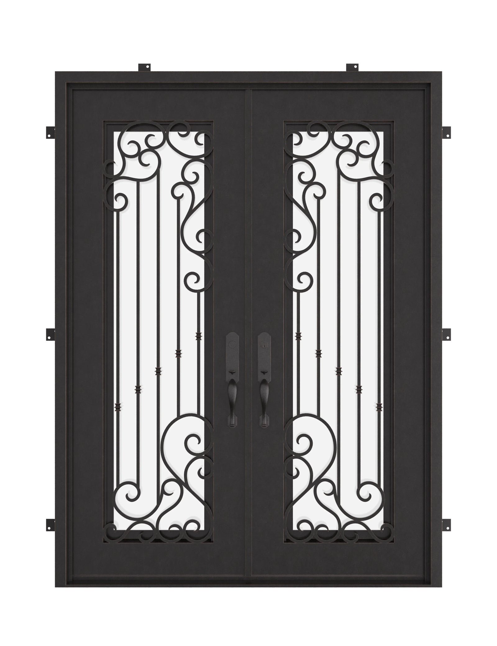 Paris bronze color wrought iron double flat top french door with glass.