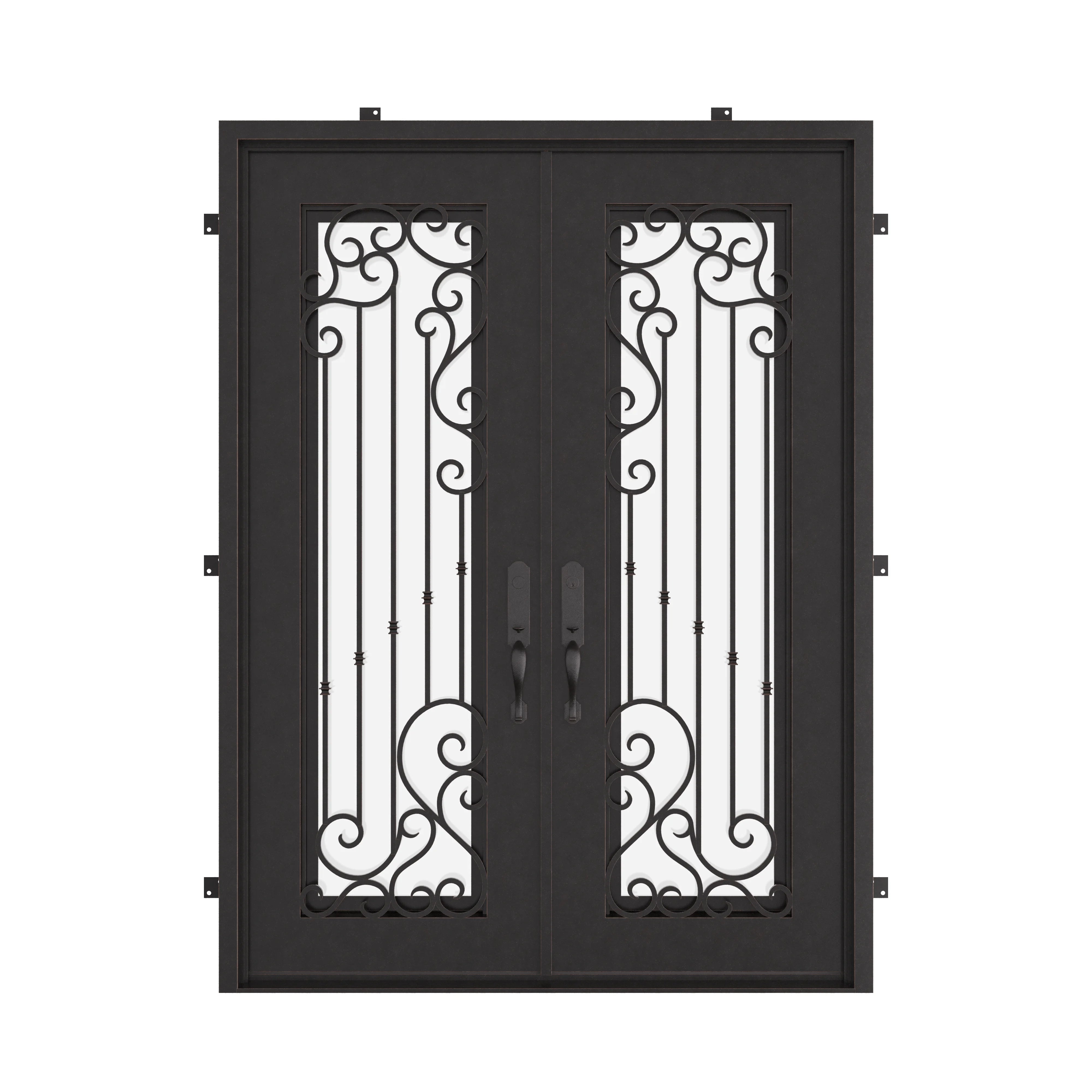 Paris bronze color wrought iron double flat top french door with glass.
