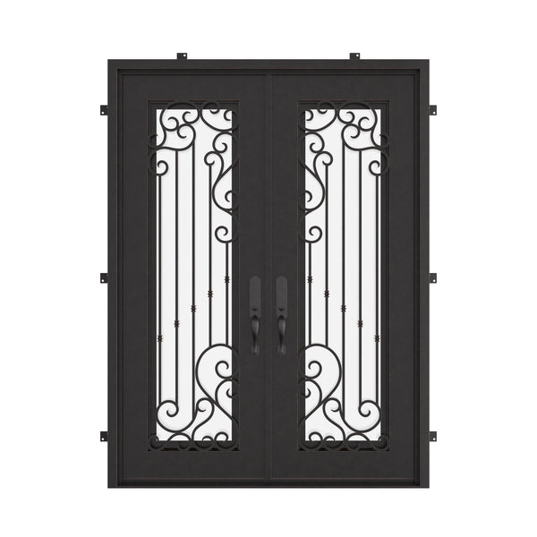 Paris bronze color wrought iron double flat top french door with glass.